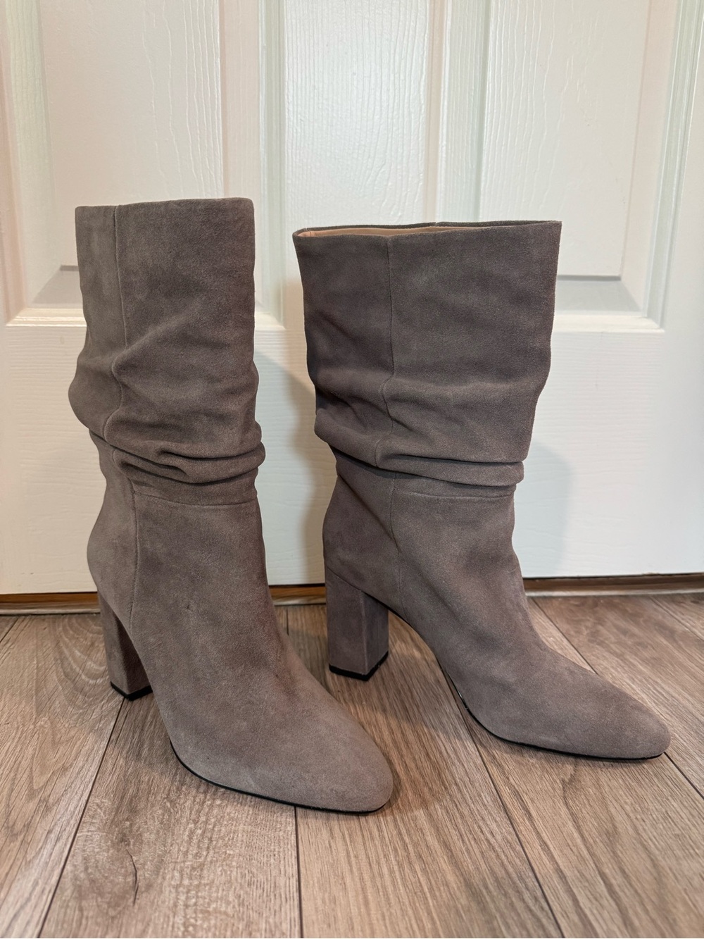 Banana Republic Taupe Suede Slouch Block Heel Boots